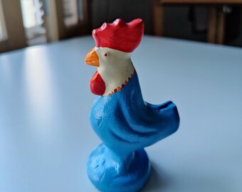 Vintage Hand Painted Ceramic Blue Rooster Whistle Folk Bird