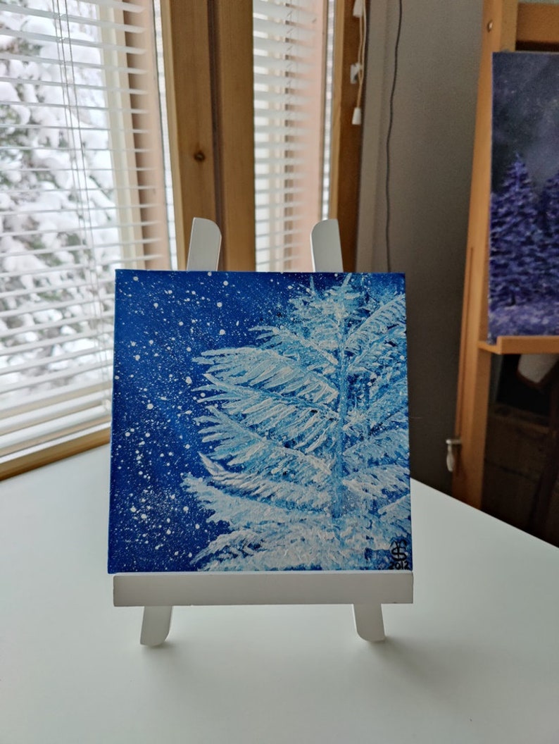 First Snow Original Abstract Painting Acrylic Winter Scenery Artwork made on canvas panel size 20 x 20cm 8x8 inches image 2