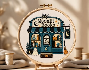 Halloween-Kreuzstichmuster, Zauberbuchladen, Kürbis, Gothic-Stickerei (PDF)