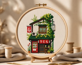 Patrón de punto de cruz de una tienda de fideos udon japonesa, punto de cruz de anime y manga kawaii, gráfico de punto de cruz de paisaje japonés