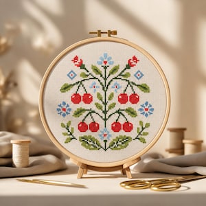 May include: A completed cross-stitch embroidery in a wooden hoop. The design features a symmetrical pattern of red cherries, blue flowers, and green leaves. The embroidery is displayed on a small wooden easel, with scissors and thread spools in the background.