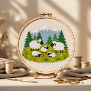 May include: A circular wooden embroidery hoop containing a cross-stitch design of five white sheep with black faces and legs standing on a green grassy field with small flowers, surrounded by green pine trees and blue snow-capped mountains.