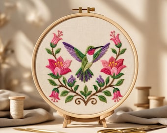 Schema per punto croce di un colibrì, fiori, ricamo naturalistico, schema digitale per ricamo a copertura totale in formato PDF.