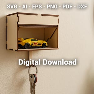 May include: A wooden wall-mounted shelf with a miniature yellow sports car inside. The shelf has a garage-like design with a hinged door. The text "Digital Download" is below the shelf, and the text "SVG - AI - EPS - PNG - PDF - DXF" is above the shelf.