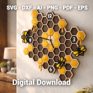 Bee Clock SVG, orologio da parete in legno a nido d'ape, file tagliato al laser, design vettoriale a strati