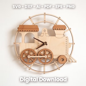 Puede incluir: Reloj de madera con forma de tren y acabado marrón claro. El reloj presenta un diseño de locomotora con dos ruedas, una chimenea y un marco circular decorativo. El texto "SVG - DXF - AI - PDF - EPS - PNG" está en la parte superior y "Digital Download" en la inferior.