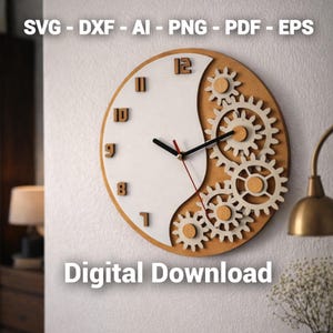 Gear Clock SVG, Steampunk Wooden Wall Clock, Lasercut Vector Design