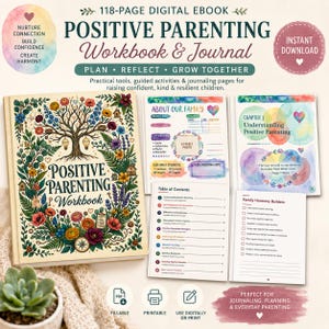Könnte beinhalten: Ein 118-seitiges digitales E-Book mit dem Titel Positive Parenting Workbook & Journal. Das Cover zeigt einen Baum, umgeben von bunten Blumen und Blättern. Enthalten sind Beispielseiten mit einem Familienprofil, Kapitel eins, Inhaltsverzeichnis und Liste.