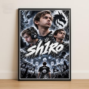 May include: A framed poster featuring a collage of a young gamer named Shiro. The design includes multiple portraits of the individual, a large brush-stroke style text reading SHIRO, a dragon logo, and a view of a stadium crowd from behind.