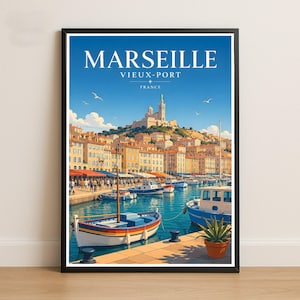 Vieux-Port de Marseille : affiche graphique vibrante et colorée