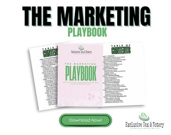 May include: The Marketing Playbook book cover with the title in large black letters and the word "Playbook" in green. The book is open, revealing the table of contents and a table of contents page.