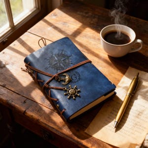 Op de afbeelding: Een blauw leren notitieboek met een kompasroosontwerp, een ankerbedel en een scheepswielbedel. Het notitieboek is gebonden met een bruin leren koord. Een kopje koffie en een gouden pen liggen op een houten tafel.