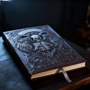 Peut inclure: Un livre en cuir marron avec une couverture en relief ornée d'un crâne, d'ailes et de volutes. Un signet en ruban gris est visible. Le livre a un thème gothique ou fantastique.