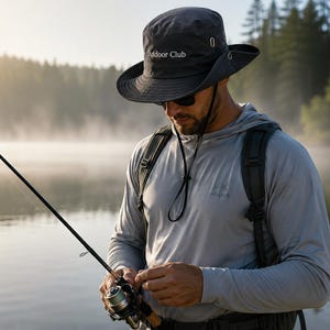 May include: A dark grey bucket hat with the text Outdoor Club printed on the front, paired with a light grey long-sleeve hooded shirt, a black backpack, and a fishing rod with a reel, designed for outdoor activities in a natural setting.