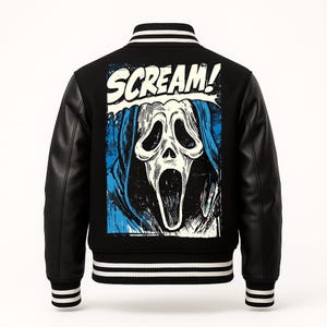 May include: Black varsity jacket with leather sleeves and a graphic of the Scream mask and the word "SCREAM!" in a comic book style. The jacket has white and black striped trim on the collar, cuffs, and hem.