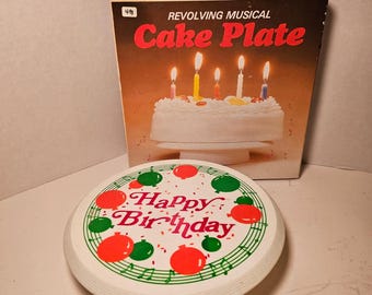 Vintage Revolving Musical Cake Plate Happy Birthday Rotating Stand Wind Up Box