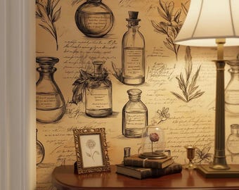 Vintage Apothecary Wallpaper: Botanical Sketch Mural, Rustic Kitchen Decor