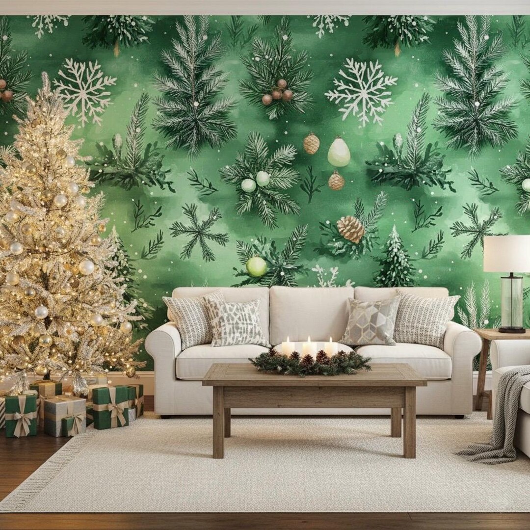 Christmas Pine Tree Wallpaper, Holiday Green Mural, Festive Wall Art - Etsy