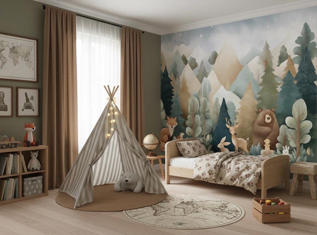Woodland Animals Mural Wallpaper – Neutral Forest Nursery Wall Art - Etsy