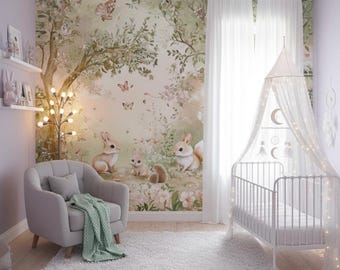 May include: A nursery with a whimsical forest theme. The room features a white crib with a canopy, a gray armchair, and a shaggy white rug. A mural of rabbits and butterflies adorns the wall. A floor lamp and sheer curtains complete the decor.