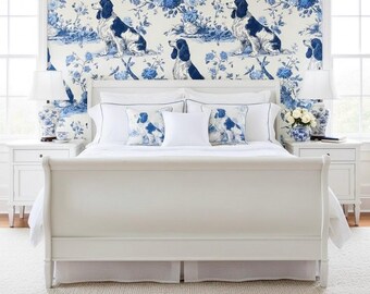 Blue Toile Dog Wallpaper – French Country Peel and Stick Mural