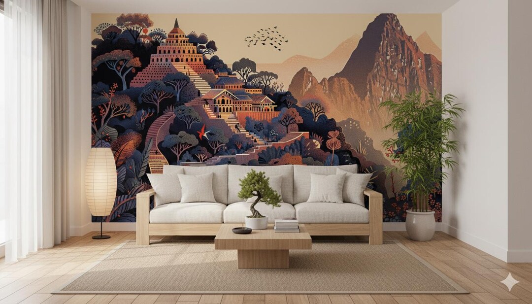 Mountain Village Landscape Mural - Warm Scenic Peel and Stick Wallpaper ...
