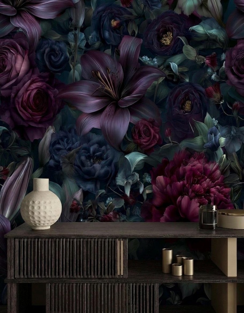 Dark Floral Wallpaper, Moody Botanical Wall Mural, Gothic Romantic Home