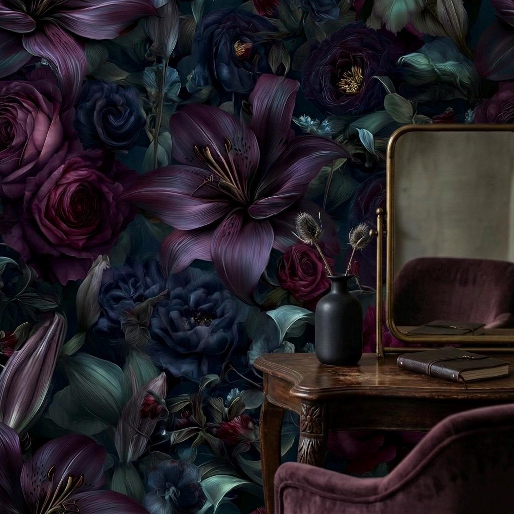 Dark Floral Wallpaper, Moody Botanical Wall Mural, Gothic Romantic Home