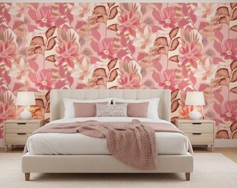 Pink Floral Wallpaper: Boho Abstract Botanical Mural (Peel and Stick or Non-Woven)