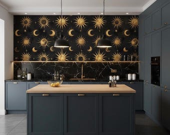 Papel tapiz de sol y luna dorados: decoración celestial cósmica autoadhesiva