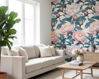 May include: A living room with a light-colored sofa, a wooden coffee table, and a large window. The wall features a floral wallpaper with pink and white peonies. A potted plant adds greenery to the space.