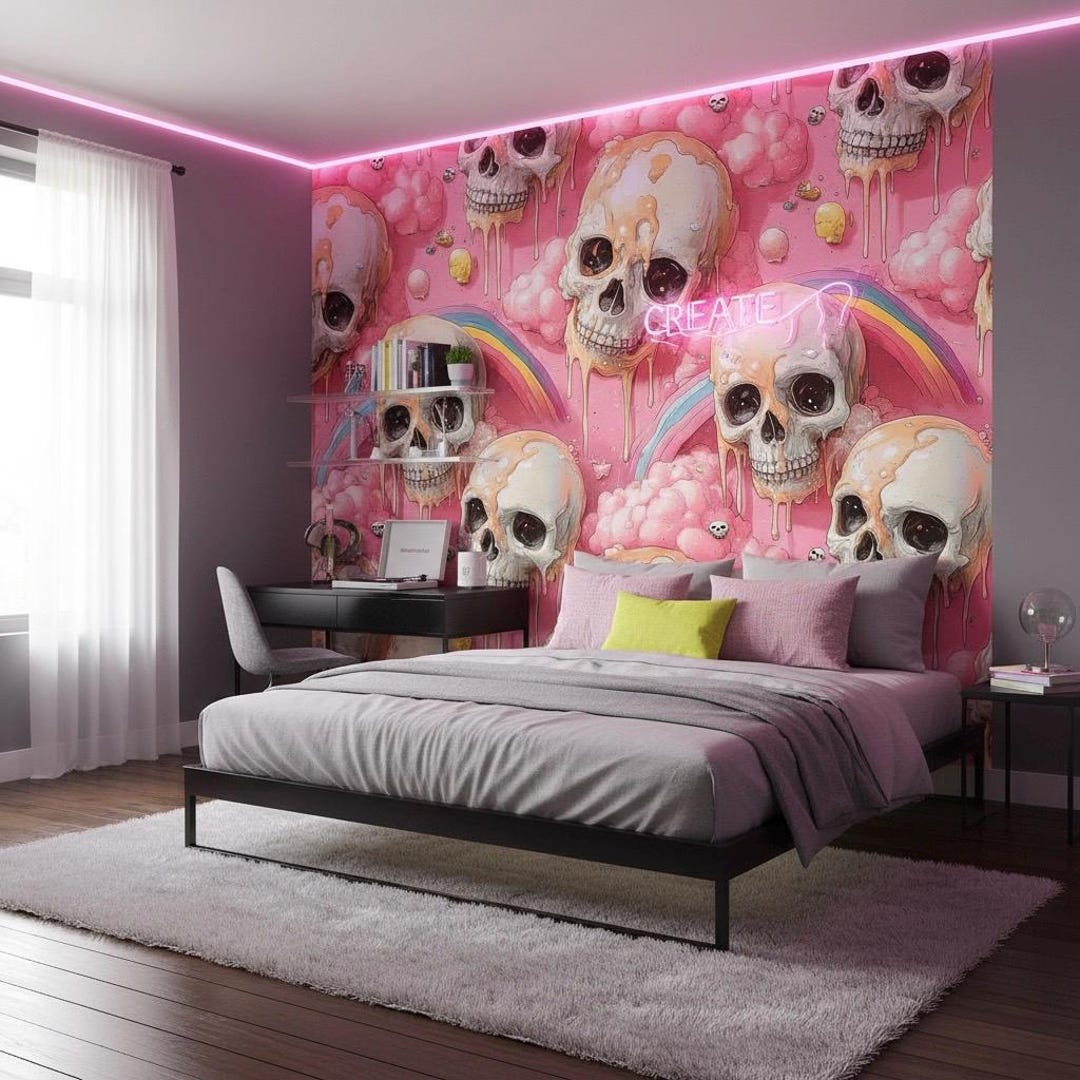 Pink Skull Wallpaper: Pastel Goth Room Mural (peel & Stick or Non-woven ...