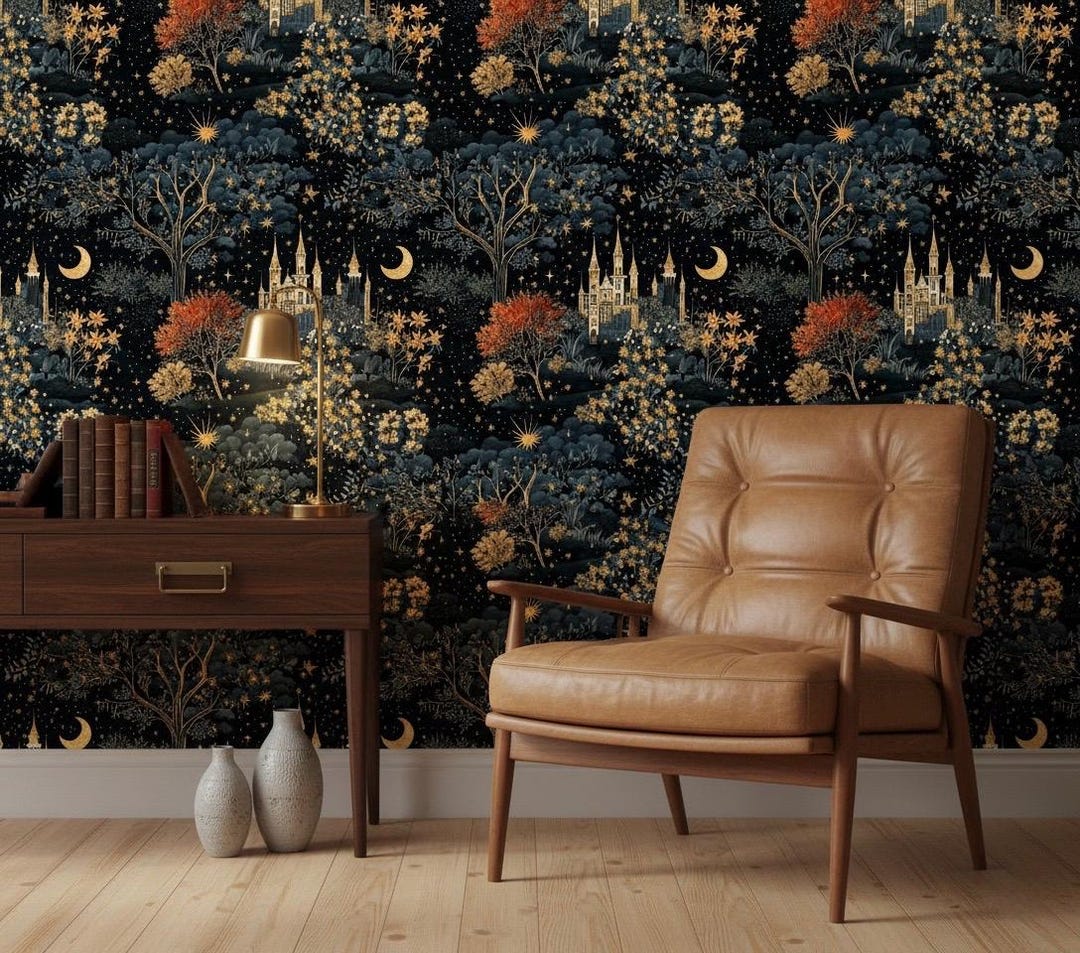 Fairytale Forest Wallpaper – Botanical Castle Mural, Peel and Stick - Etsy