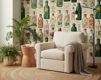 Vintage Apothecary Botanical Wallpaper, Floral Bottles Wall Mural, Herbarium Style Wall Art Decor