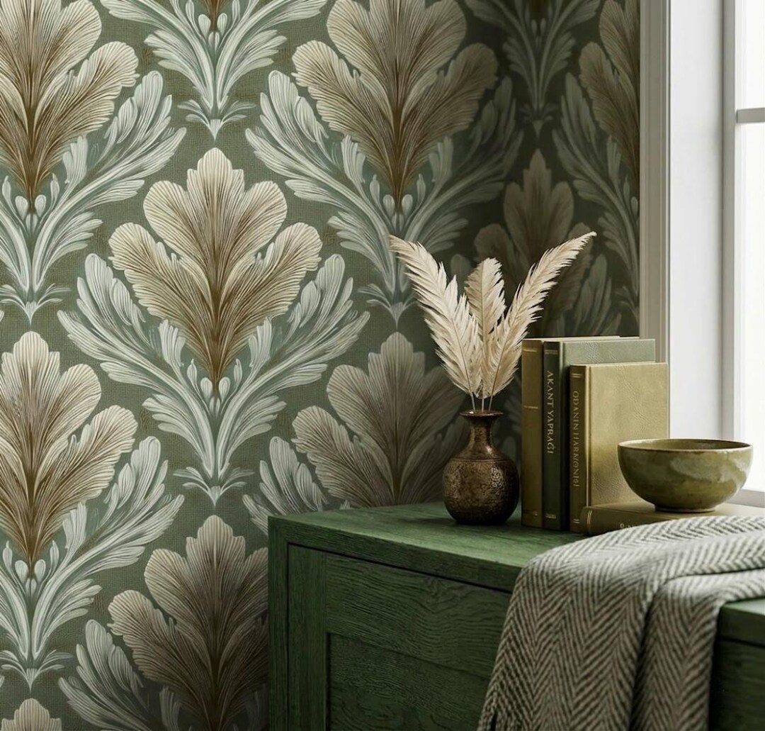 Art Deco Botanical Wallpaper, Sage Green Fan Leaf Mural (peel and Stick