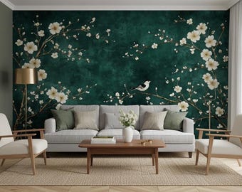 Papel pintado chinoiserie verde esmeralda, mural de pared con pájaros florales, decoración botánica