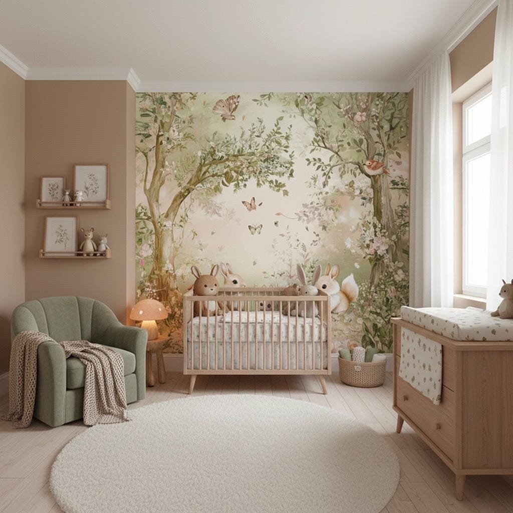 Woodland Animals Nursery Wallpaper – Bunny & Hedgehog Wall Mural - Etsy