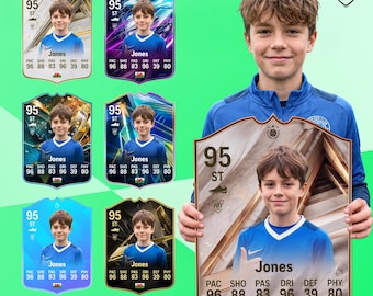 May include: A custom soccer trading card featuring a portrait of a young person in a blue jersey, with a 95 overall rating, ST position, and stats including 96 PAC, 88 SHO, 83 PAS, 96 DRI, 39 DEF, and 80 PHY, displayed alongside five smaller variations.