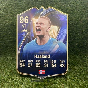 May include: A rectangular sports trading card featuring a portrait of Erling Haaland in a blue jersey. The card displays a 96 rating, the text ST, Haaland, and statistics including PAC 94, SHO 97, PAS 85, DRI 91, DEF 54, PHY 93, with a Norwegian flag.