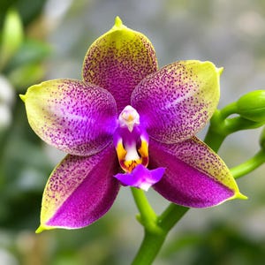 Könnte beinhalten: Eine Phalaenopsis-Orchideenblüte mit fünf Blütenblättern, die ein tiefes Magentazentrum aufweisen, das in einen lindgrünen Rand übergeht und mit feinen violetten Sprenkeln bedeckt ist. Die Mittelsäule zeigt leuchtende gelbe, weiße und violette Akzente.