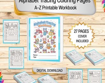 Alphabet Tracing Workbook Kitties Fruits Theme, A-Z Coloring Pages (Digital Download) Printable A4 Size