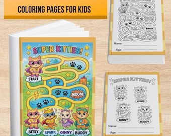 Super Hero Kitties  | Kids Maze Activity Pages (PDF Download) | Printable Coloring Pages