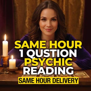 May include: A woman in a purple top is smiling, with lit candles on either side. The text reads "SAME HOUR 1 QUESTION PSYCHIC READING SAME HOUR DELIVERY" in yellow and white. Tarot cards are visible on the table.