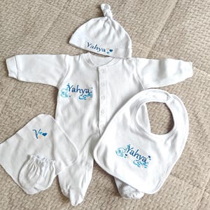 Personalized baby set embroidered with first name - Complete birth gift - 5 pieces 100% cotton