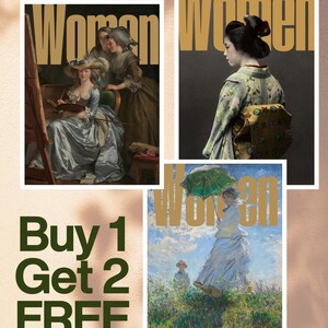 Puede incluir: Un collage de tres impresiones artísticas con la palabra "Women" en dorado. Las impresiones muestran pinturas clásicas: una mujer pintando, una mujer con kimono y una mujer con paraguas. También se ve el texto "Buy 1 Get 2 FREE".