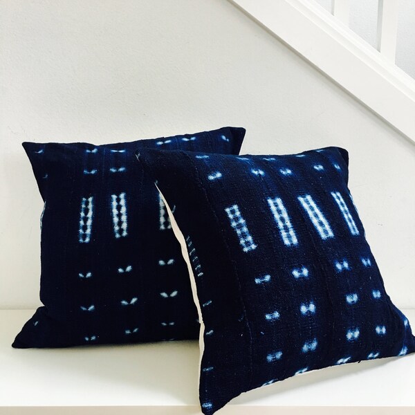 Indigo Mudcloth Boho Blue Tribal Pillow Cover 16"x16" Square Cushion Pillow Ethnic Bohemian African Tie Dye Motif Mudcloth Boho Pillow