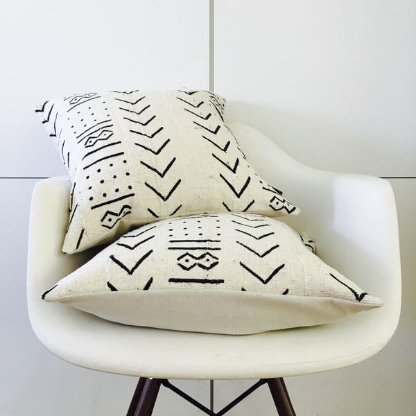 Boho White Black Tribal Pillow Cover 18"x18" Square Cushion Pillow Ethnic Bohemian African Geometric Motif MudCloth Boho Pillow