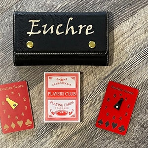Euchre Gift Set with High Quality Red w/Gold & Red w/Black Scoreboards and Travel Case - Black with Gold Engraving