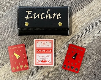 Euchre Gift Set with High Quality Red w/Gold & Red w/Black Scoreboards and Travel Case - Black with Gold Engraving