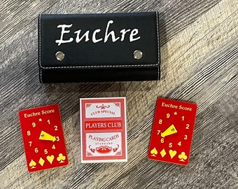 Euchre Gift Set with High Quality Scoreboards and Travel Case - Black with Silver Engraving Two Red with Yellow Engraving Scoreboards